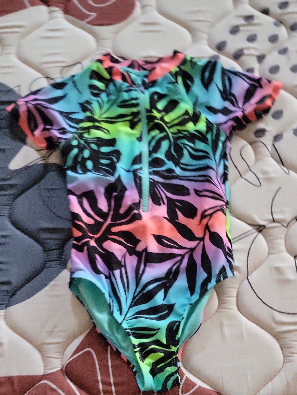 wonder nation Rainbow Leaf-Print One-Piece Swimsuit with Front Zip - Multicolor